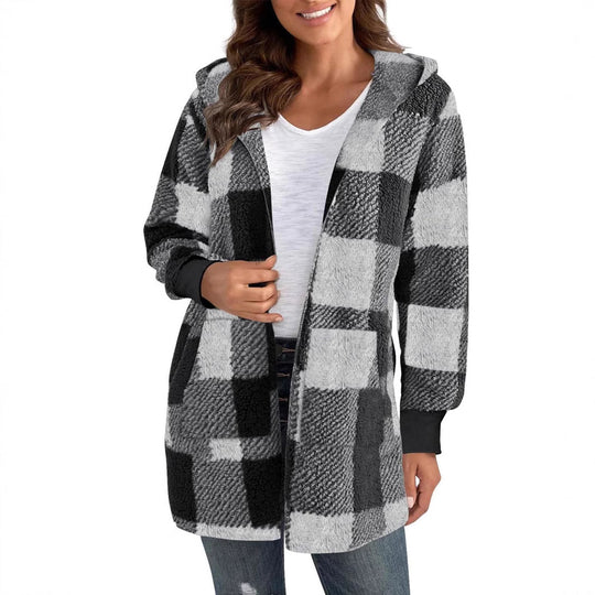 Damen Fleecejacke mit Karomuster und Kapuze EB