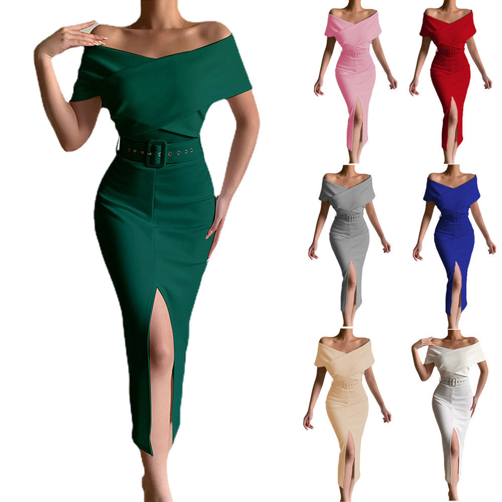 Damen Figurbetontes Abendkleid mit schulterfreiem Design und asymmetrischem Schlitz EB