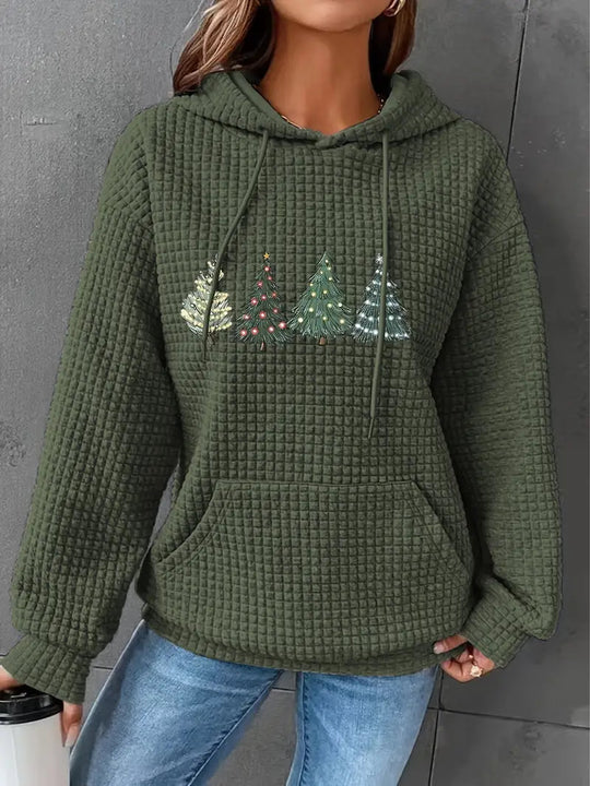 Damen Waffel-Pullover mit übergroßer Kapuze und festlichem Baumdesign EB