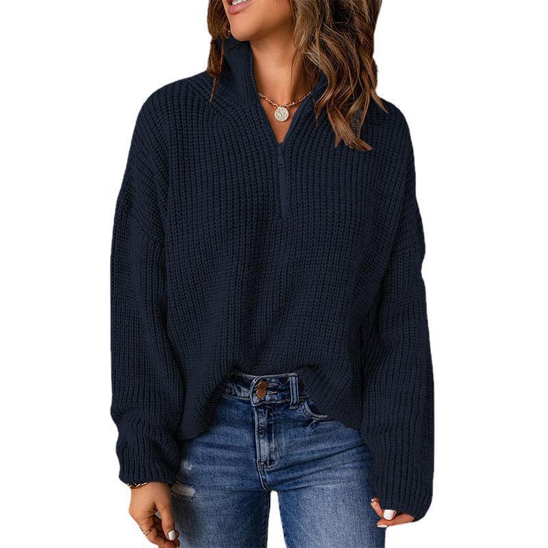 Damen Grobstrickpullover mit Stehkragen und Reißverschluss EB