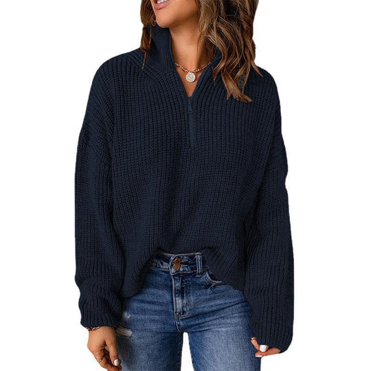 Damen Grobstrickpullover mit Stehkragen und Reißverschluss EB