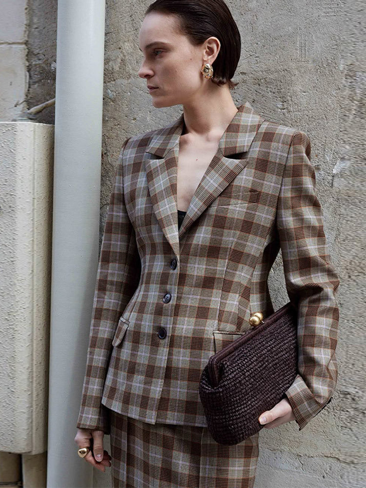 Damen Karierte Blazer- und Minirock-Kombination EB