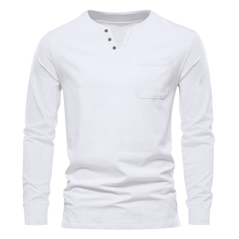 Herren nan modernes Henley-Langarmshirt mit asymmetrischer Knopfleiste und Brusttasche EB