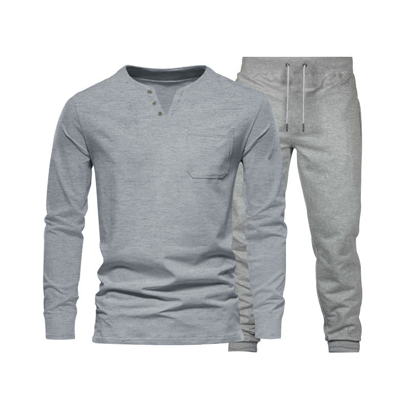 Herren Langarm‑Henley Loungewear‑Set mit Brusttasche und tapered Jogginghose EB