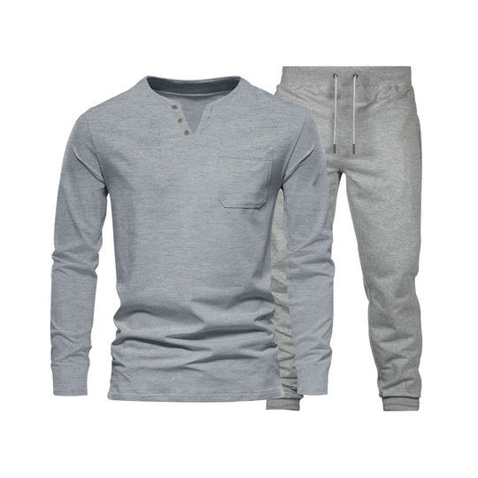 Herren Langarm‑Henley Loungewear‑Set mit Brusttasche und tapered Jogginghose EB