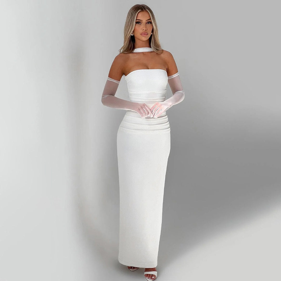 Damen figurbetontes Abendkleid mit Schulterband und langen Handschuhen EB