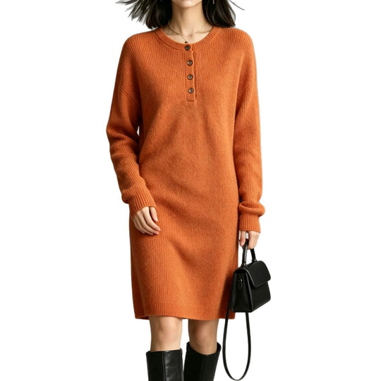 Damen Midilanges Strickkleid mit Henley-Leiste und gerippten Bündchen EB