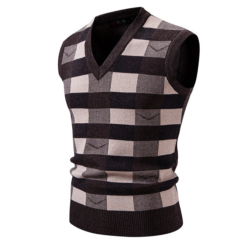 Herren modische Strickweste mit V-Ausschnitt und Karomuster EB