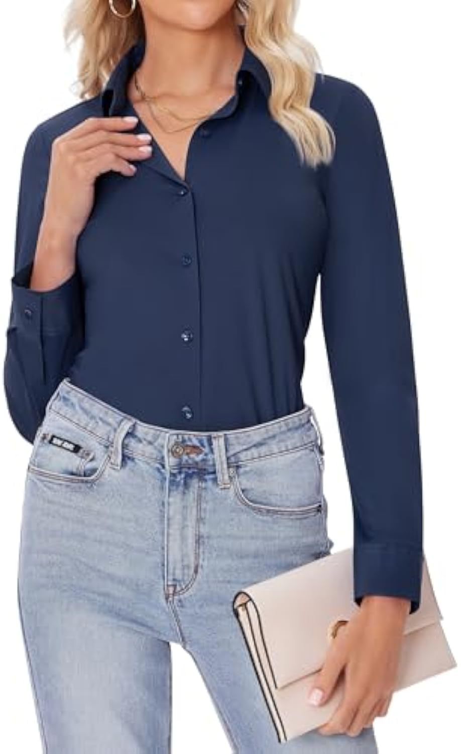 Damen Klassische Viskose-Stretch Hemdbluse mit Kentkragen und Manschetten EB