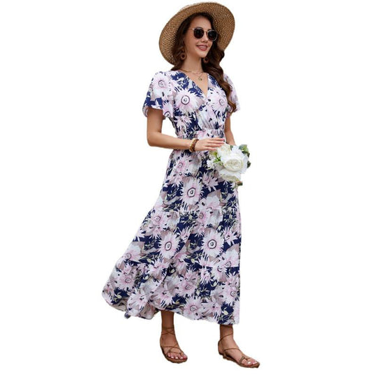 Damen Maxikleid mit geschlitztem Saum und floralem Design EB