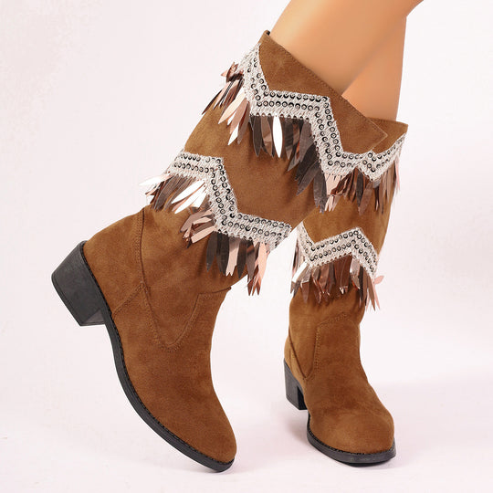 Damen Stiefel mit modischen Fransen und Glitzerdetails EB
