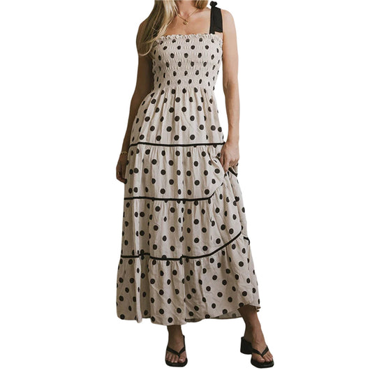 Damen Maxikleid mit dekorativen Punkten und schulterfreiem Design EB