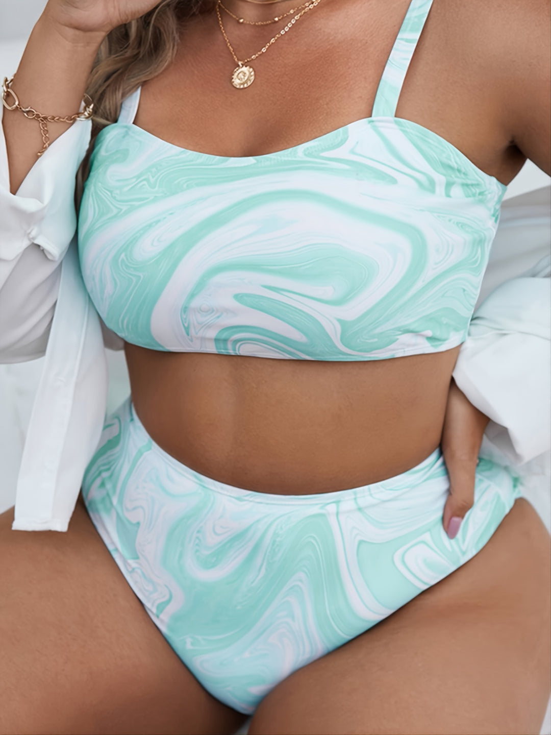 Damen Hochgeschnittenes Bikini-Set mit modernem Marmor-Design EB