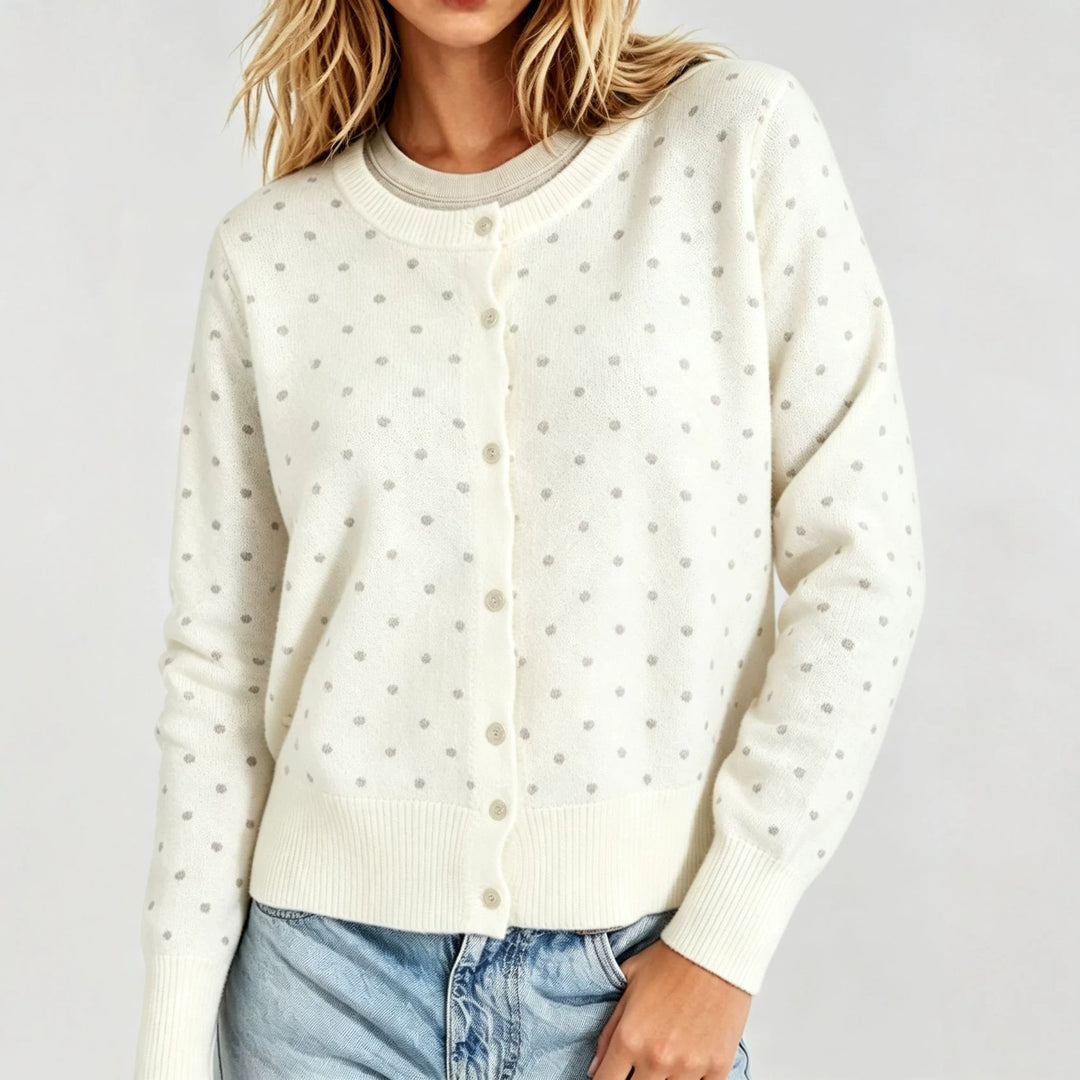 Damen Gepunktete Feinstrick-Cardigan mit Rundhals und Rippbündchen EB