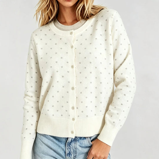 Damen Gepunktete Feinstrick-Cardigan mit Rundhals und Rippbündchen EB