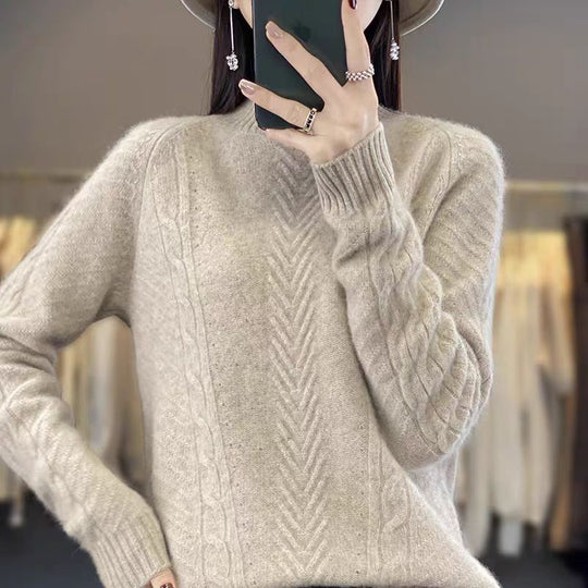 Damen Grobstrickpullover mit Zopfmuster und elegantem Rundhalsausschnitt EB
