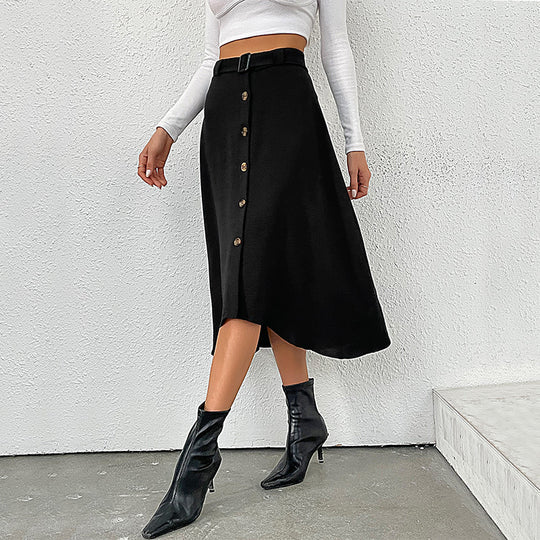 Damen Midi-Rock mit dekorativen Knopfdetails und Bindegürtel EB