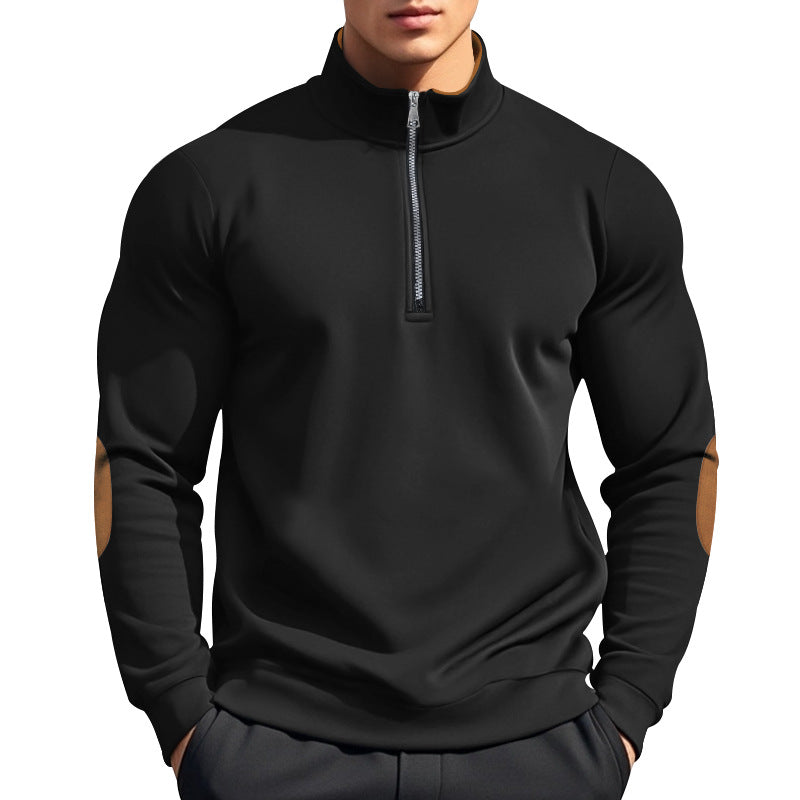 Herren nan halbhoher Zip-Pullover mit Stehkragen, Ellbogen-Patches und modernem Regular Fit EB