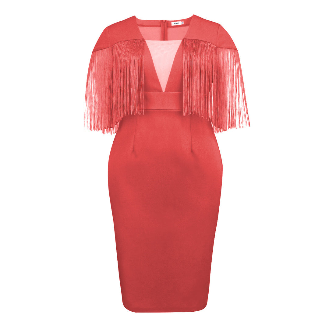 Damen Figurbetontes Kleid mit fransigen Ärmeln EB