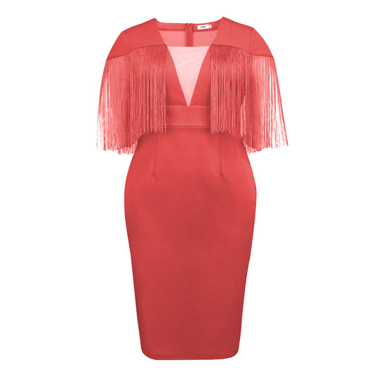 Damen Figurbetontes Kleid mit fransigen Ärmeln EB