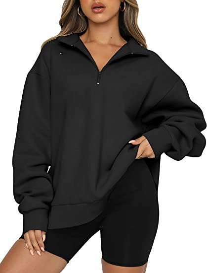 Damen nan oversized Sweatshirt mit halbem Reißverschluss, weichem Fleece-Innenfutter und Kängurutasche EB