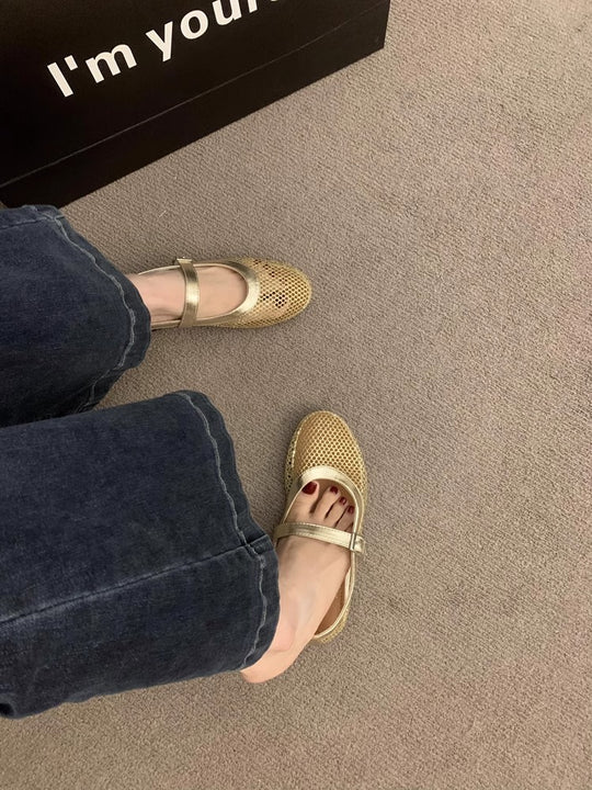Damen Atmungsaktive Netz-Ballerinas im Mary-Jane-Stil mit verstellbarem Riemen EB