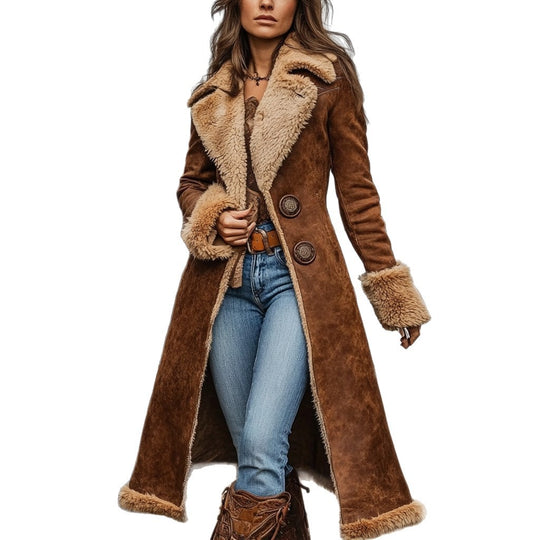 Damen nan taillierter Langmantel mit Teddyfutter, Wildlederoptik und dekorativer Knopfleiste EB
