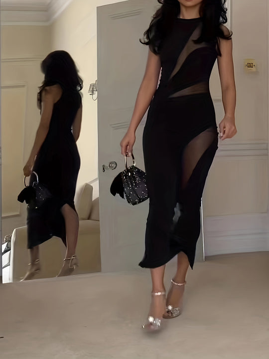 Damen Elegantes und figurbetontes Kleid mit transparenten Einsätzen EB