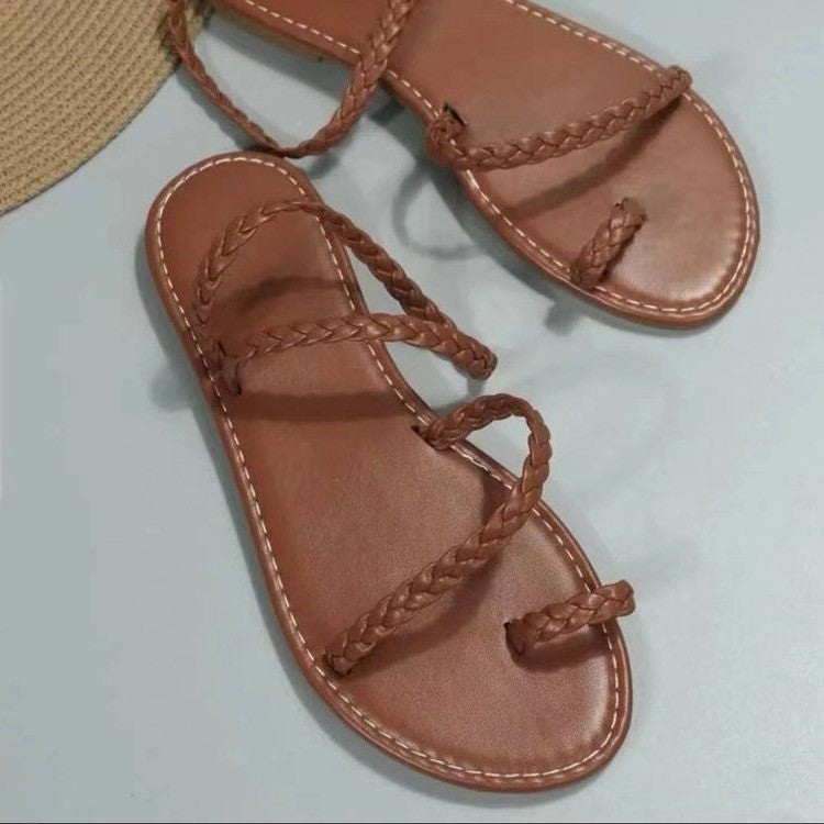Damen flache Riemchensandalen mit geflochtenem Design und komfortablem Fußbett EB