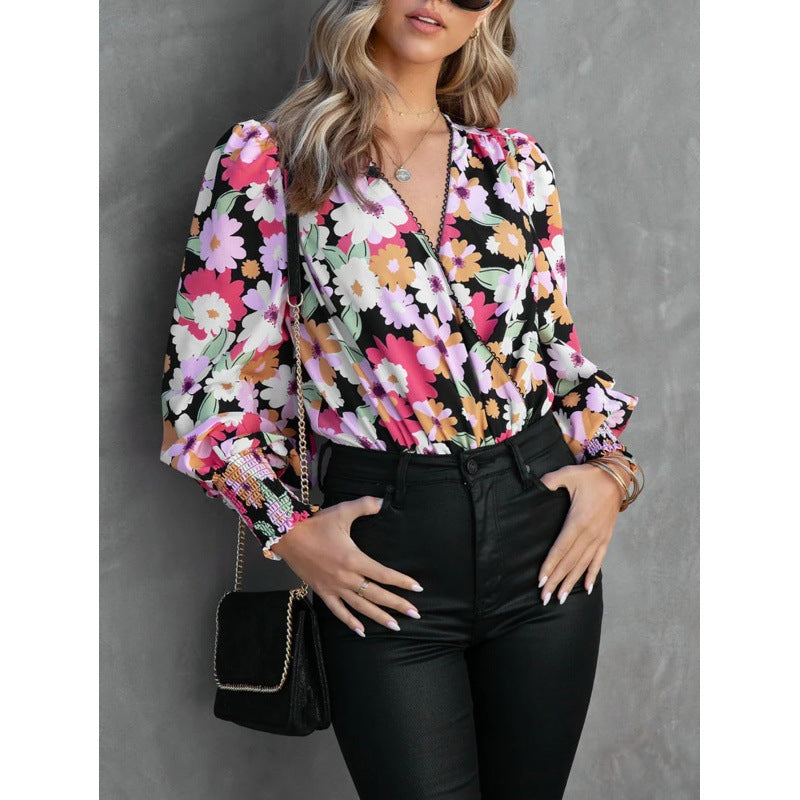 Damen Blumenbluse mit voluminösen Ärmeln EB