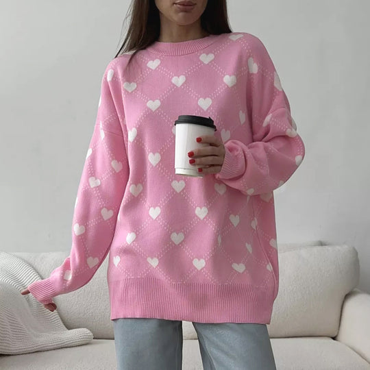 Damen Gemusterter Strickpullover mit Herzmotiv und lässigem Schnitt EB