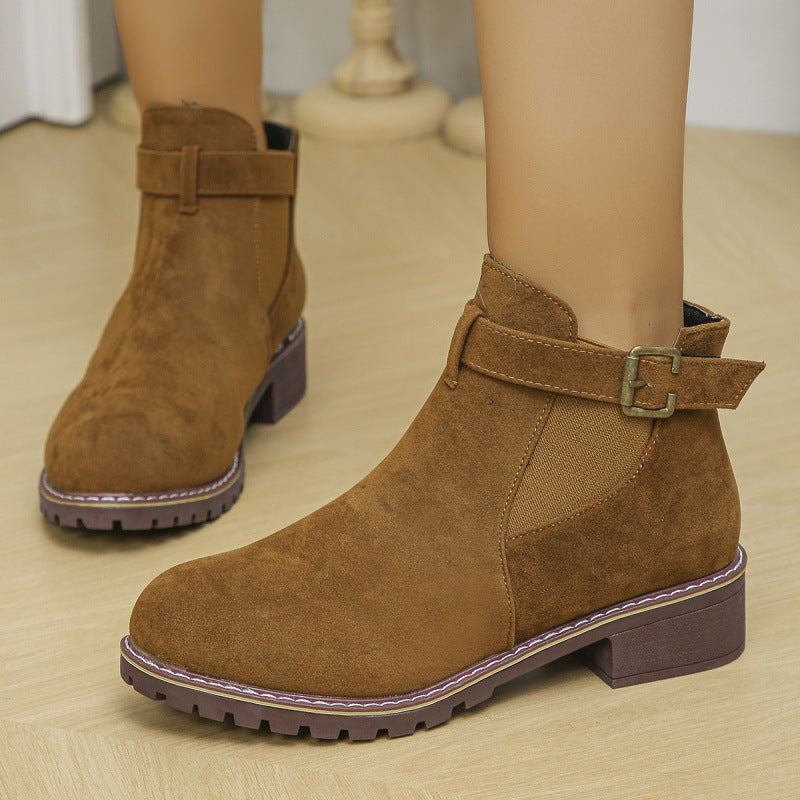 Damen kurze Ankle-Boots im Vintage-Velours-Look mit Schnallenriemen und profilierter Gummisohle EB