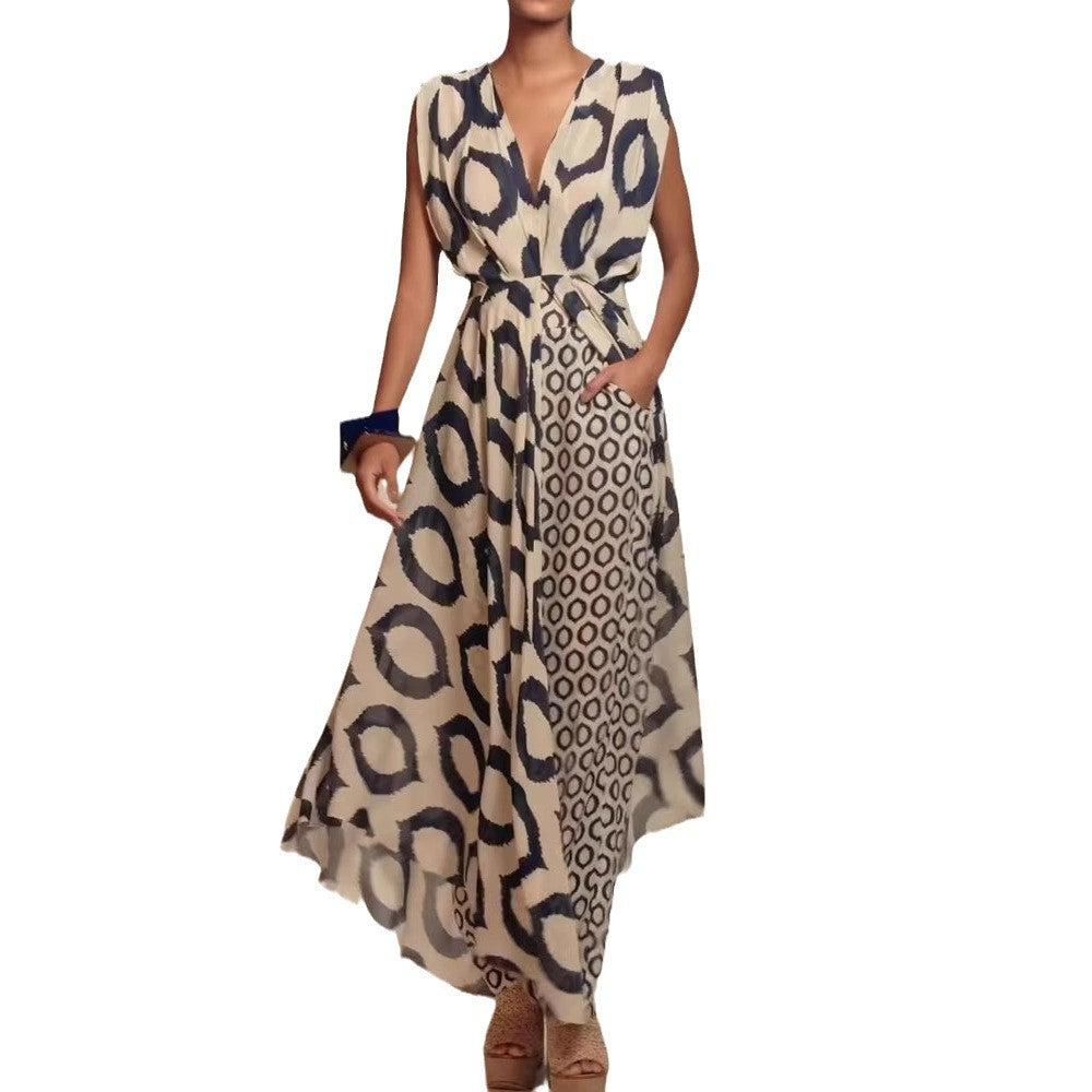 Damen Eleganter Jumpsuit mit Wickelgürtel und geometrischem Muster EB