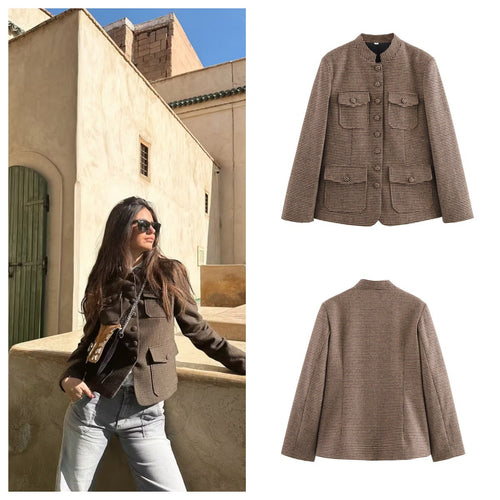 Damen elegante Karojacke mit durchgehender Knopfleiste und praktischen Taschen EB