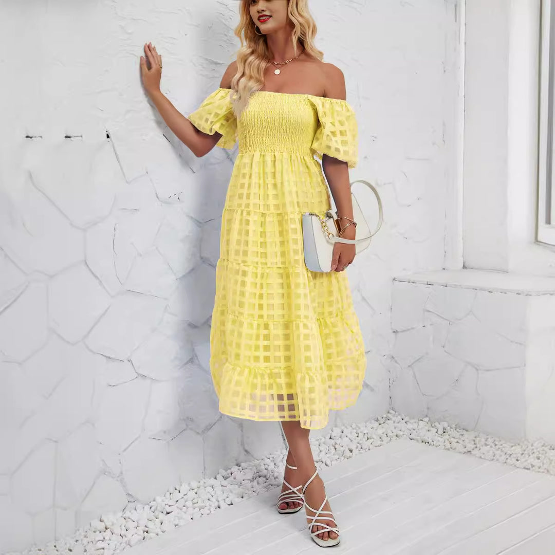 Damen Midi-Kleid mit Puffärmeln und elastischem Taillengürtel EB