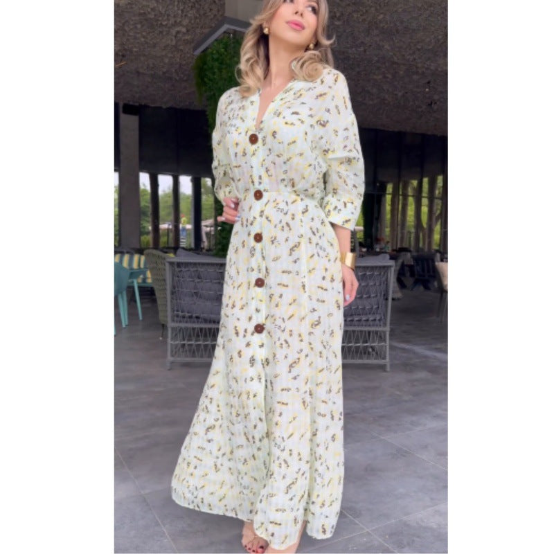 Damen Maxikleid mit floralen Motiven und Knopfdetails EB