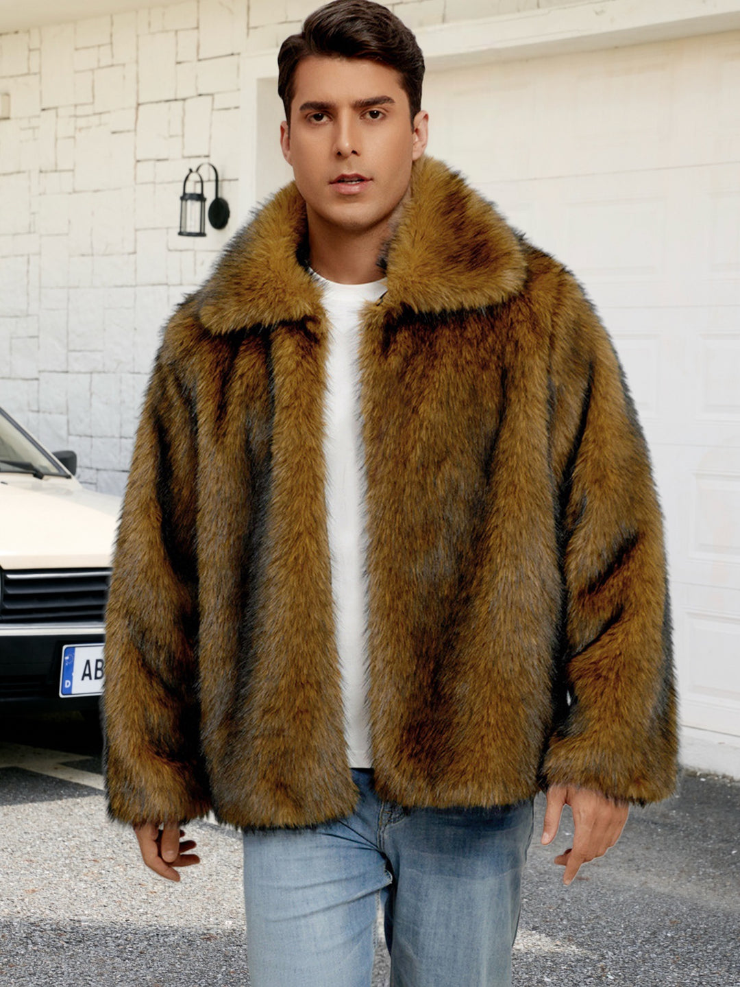 Herren Luxuriöse Kunstpelzjacke mit breitem Revers EB