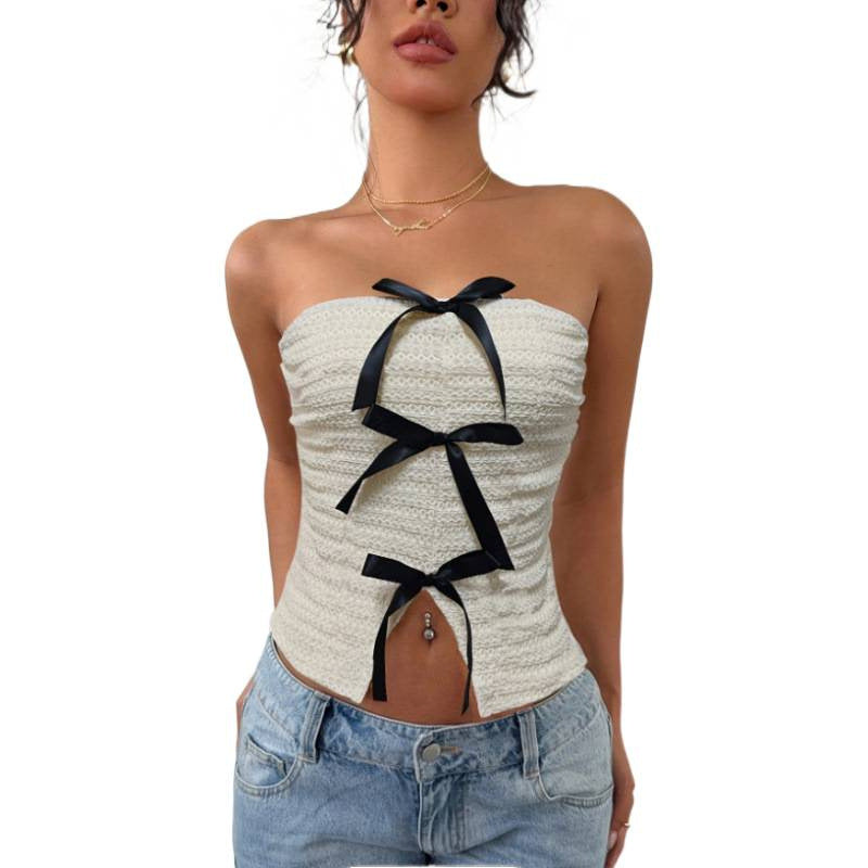 Damen Bustier mit Raffung und dekorativen Schleifen EB