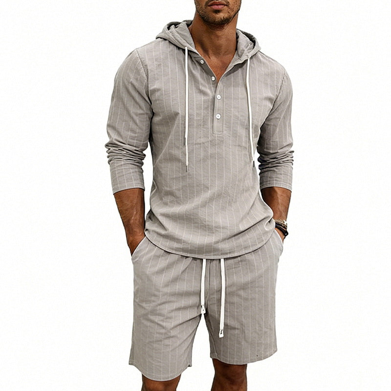 Herren nan gestreiftes Leinenoptik-Kapuzen-Henley-Set mit Tunnelzug-Shorts EB