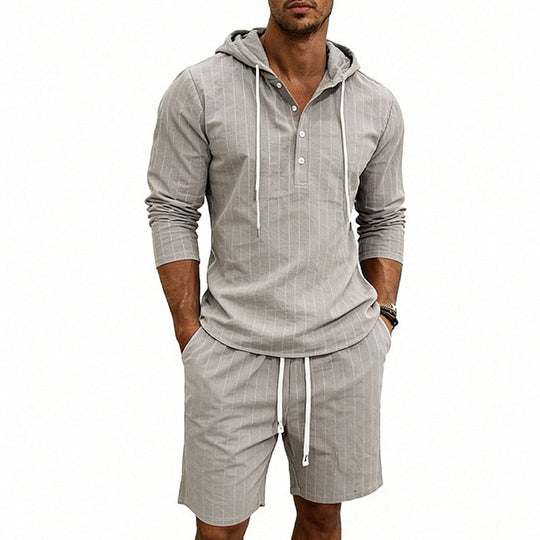 Herren nan gestreiftes Leinenoptik-Kapuzen-Henley-Set mit Tunnelzug-Shorts EB