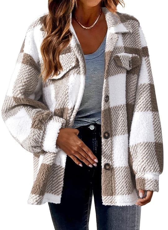 Damen nan kuschelige Sherpa-Karo-Übergangsjacke mit Brusttaschen und großzügigem Oversize-Schnitt EB