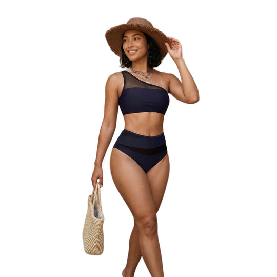 Damen Modischer Bikini-Suit mit asymmetrischem Oberteil und hohem Bund EB