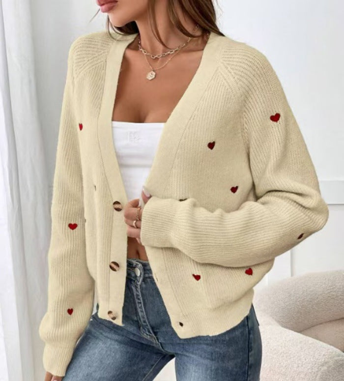 Damen lässige Strickjacke mit Herzapplikationen und tiefem V-Ausschnitt EB