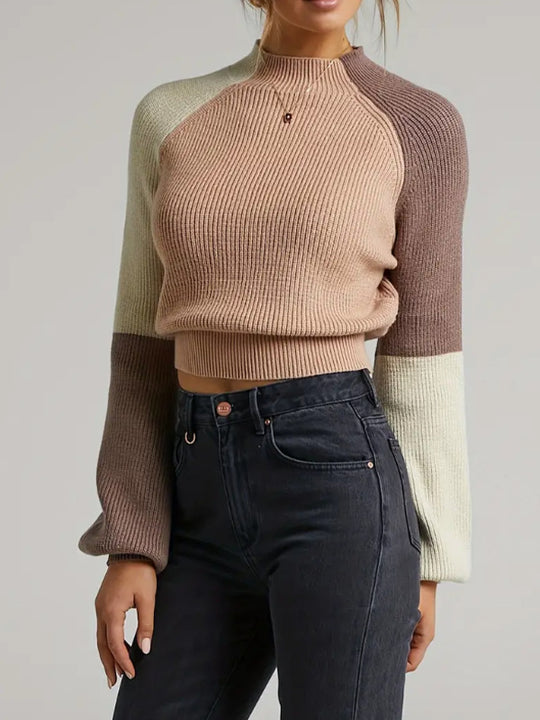 Damen Strickpullover mit weitem Arm und innovativem Farbblockdesign EB