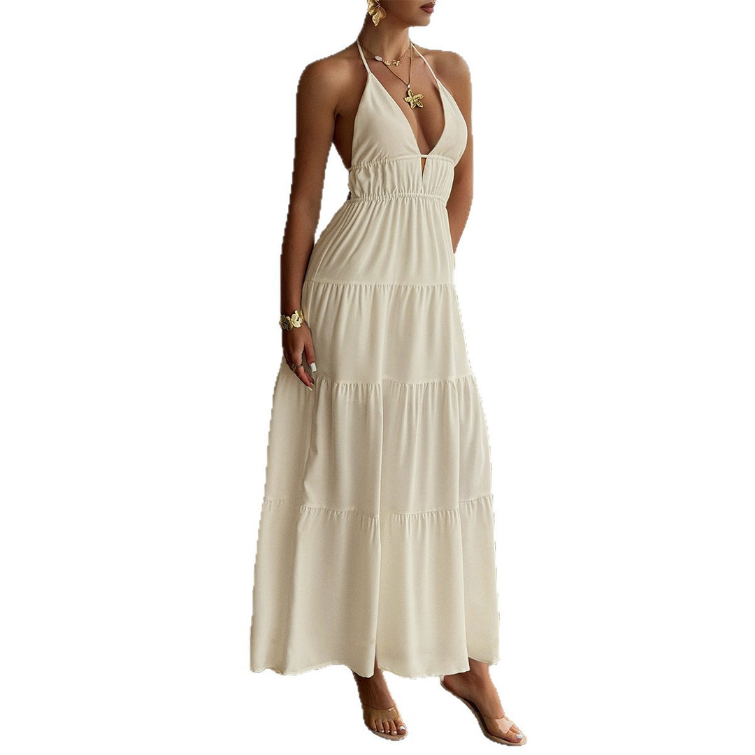 Damen Maxikleid mit tiefem V-Ausschnitt und schwingendem Rock EB