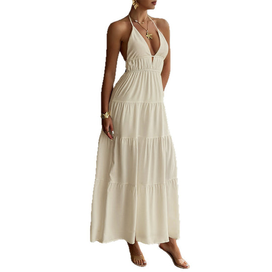 Damen Maxikleid mit tiefem V-Ausschnitt und schwingendem Rock EB