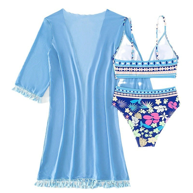Damen Bikini-Set mit floralem Oberteil und eleganter Wickeljacke EB