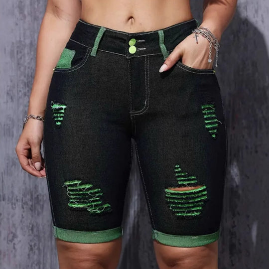Damen Destroyed Denim-Shorts mit auffälligen Akzenten und hohem Bund EB