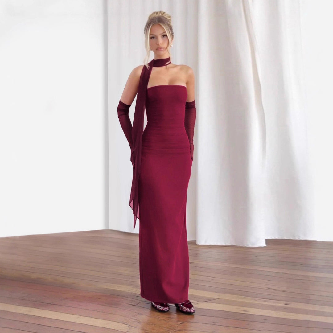 Damen figurbetontes Abendkleid mit Schulterband und langen Handschuhen EB