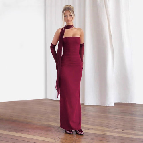 Damen figurbetontes Abendkleid mit Schulterband und langen Handschuhen EB